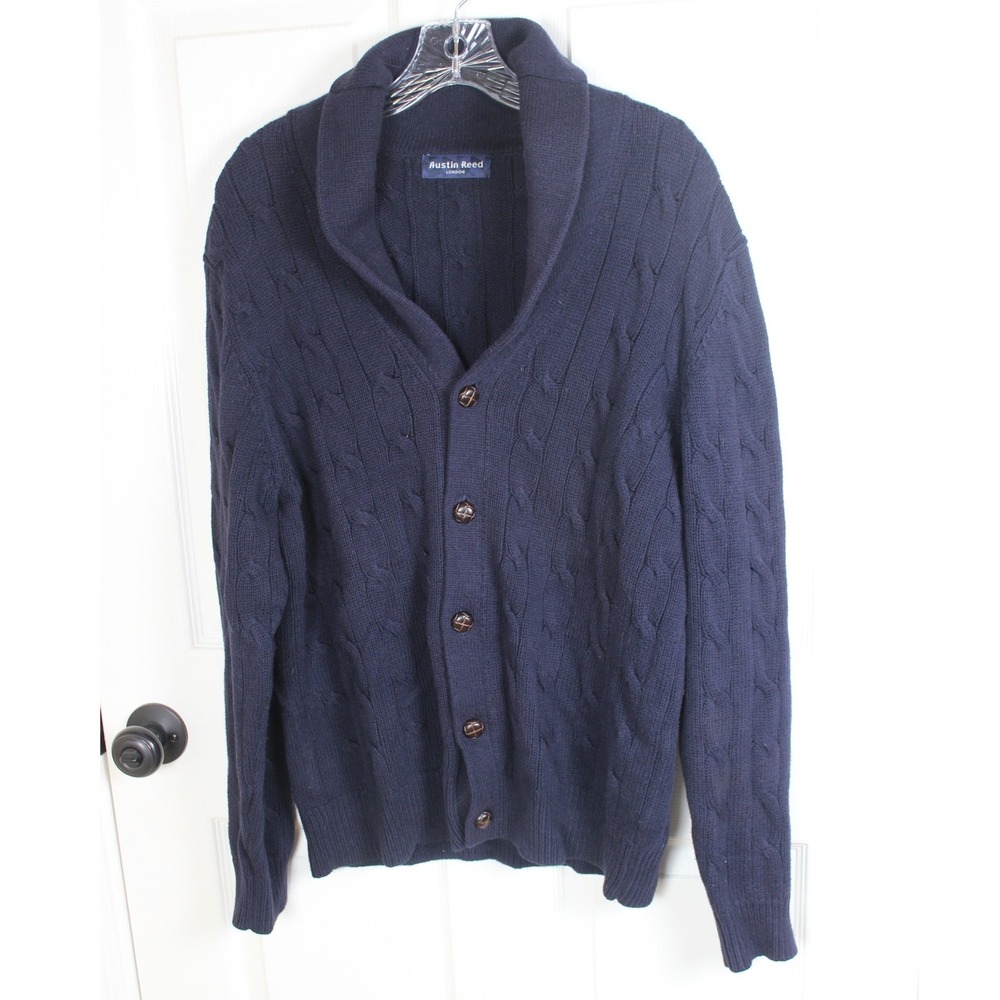 Austin Reed London Navy Cable Knit‎ Shawl Collar Cardigan Sweater M Cotton Wool